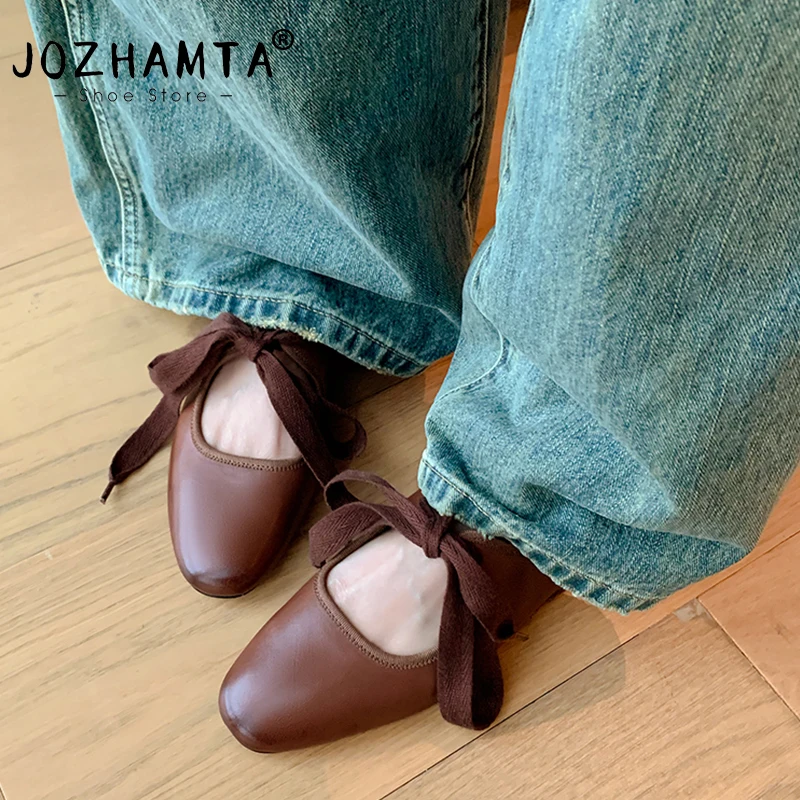 JOZHAMTA Women Ballet Flats Shoes Genuine Leather Lace-Up Classic Square Toe Low Heels Shoes Ballerinas Casual Daily Size 34-40