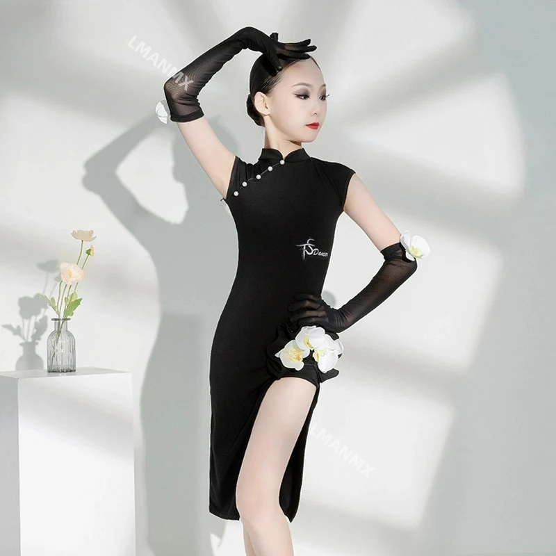 Vestido de actuación para niña, vestido de competición negro, vestido de baile cheongsam adelgazante, vestido de actuación de entrenamiento retro delgado