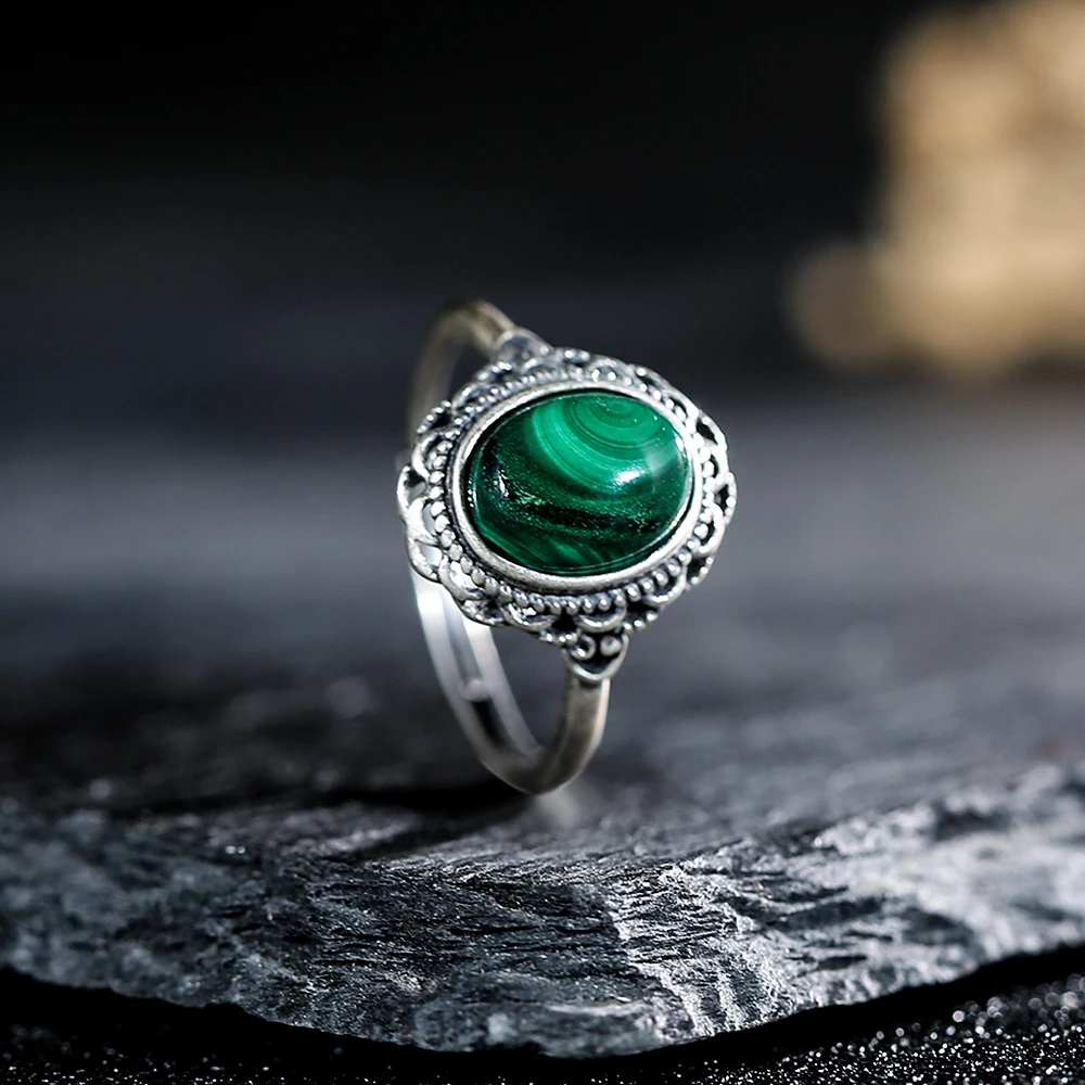 

Vintage S925 Silver Ring Natural Mineral Green Peacock Stone Women's Style Ring Exquisite Jewelry Couple Ring Birthday Gift