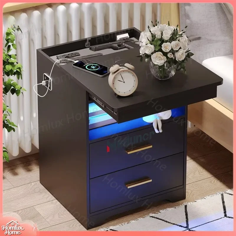 Smart Bedside Table with Drawer Hidden Compartment LED Light Wireless Charging Sensor Design Modern Nightstand for Bedroom