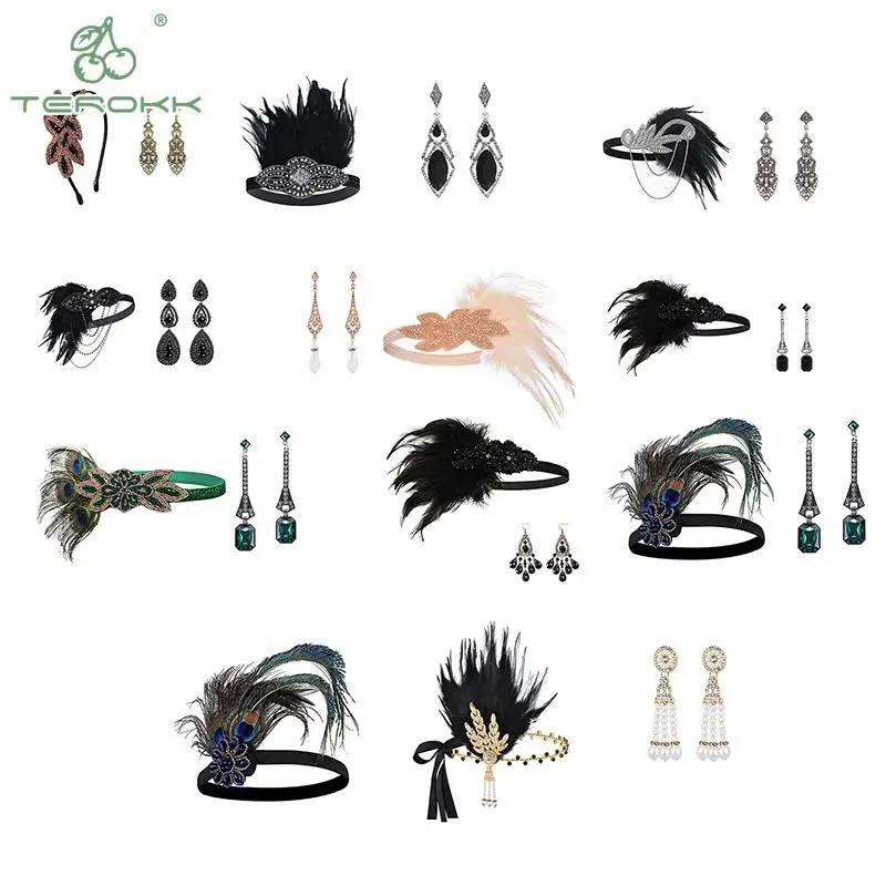 1Set 1920's Flapper Cosplay Kostuum Veer Hoofdband Parelketting Armband Kousen Lange Handschoen Gatsby Maskerade Accessoires