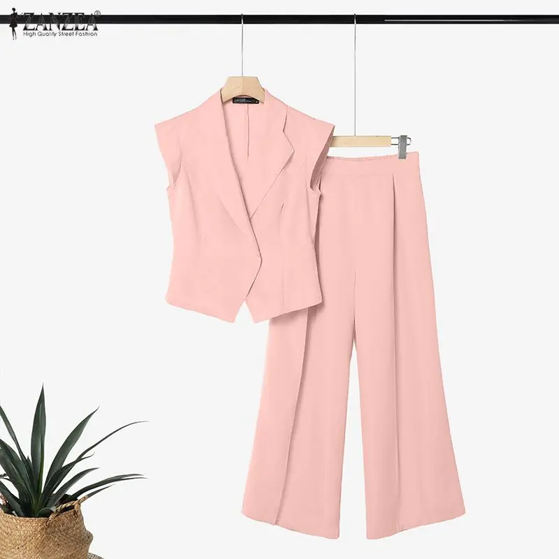 

ZANZEA Office Lady Suits Women Pants Sets Turn-Down Collar Solid Color V Neck Summer Pleated Outfits Elegant Matching Sets 2026