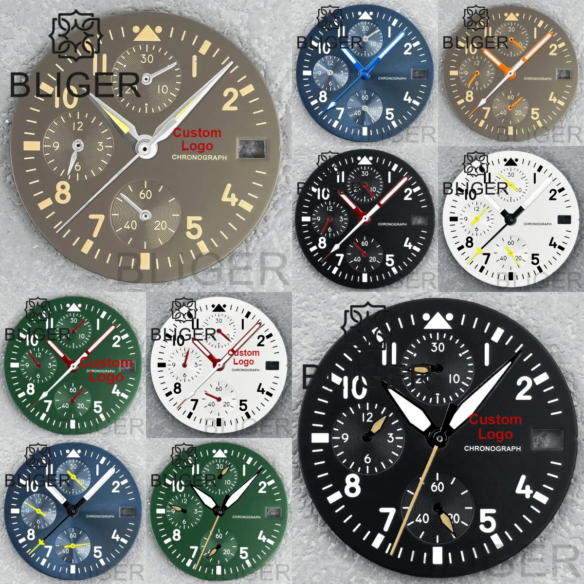 BLIGER Modifiziertes VK67 Chronographen-Quarzzifferblatt 30mm Pilotenuhr-Zifferblatt und Zeiger Leuchtend Geeignet für VK67 Uhrwerk Ersatzteile