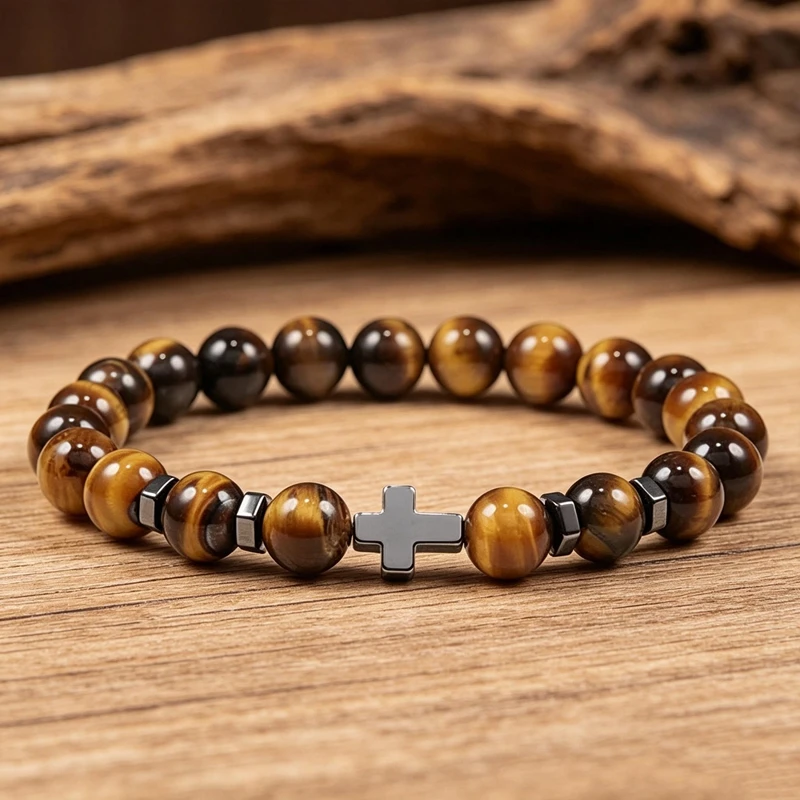 Natural Lava Stone Obsidian Tiger Eye Cross Bracelet Beaded Stretch Elastic Jewelry for Men Women Uplifting Energy Gift Handmade