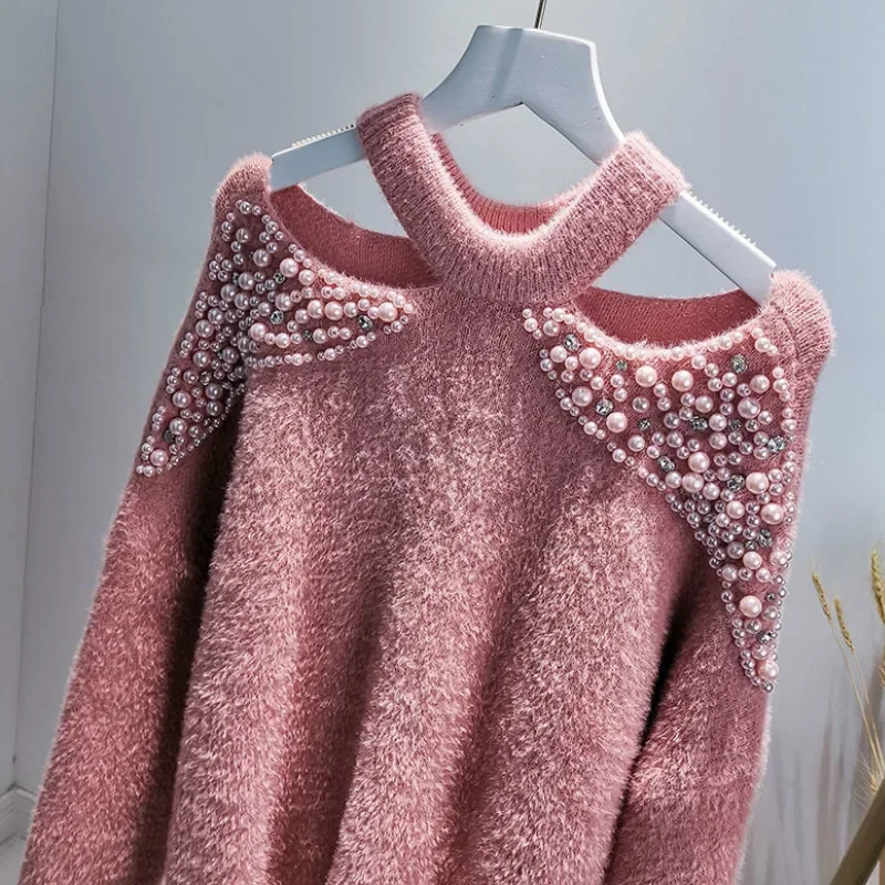 Autumn Winter Female Beaded Thick Loose Mohair Pullovers Off Shoulders Mink Cashmere Pearls Sweater Furry Shirts Knit Crop Tops