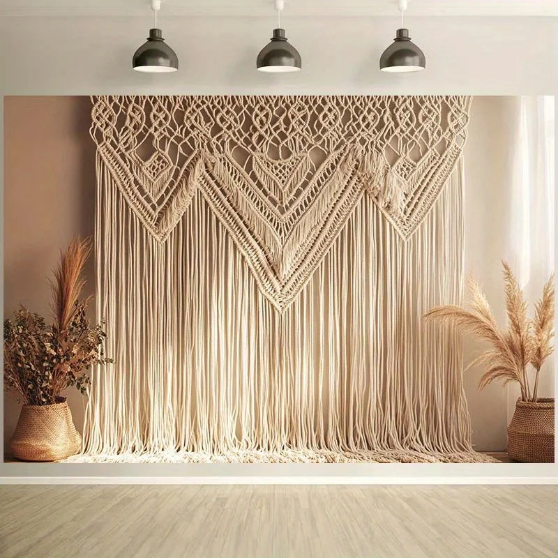 1 Stück Retro-Hintergrund im böhmischen Stil mit weißen Quasten und Topfpflanzen-Design – geeignet für Geburtstage, Feiertage, Partys