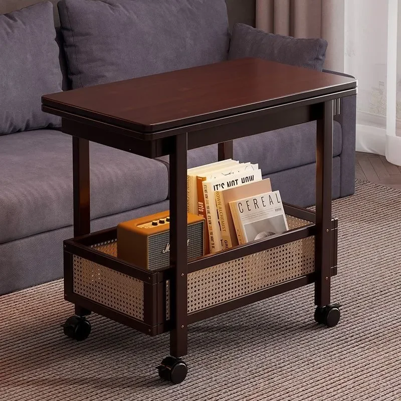 for Medieval Rattan Folding Coffee Table with Wheels Removable Storage Side Table Lazy Computer Desk for Living Room Sofa