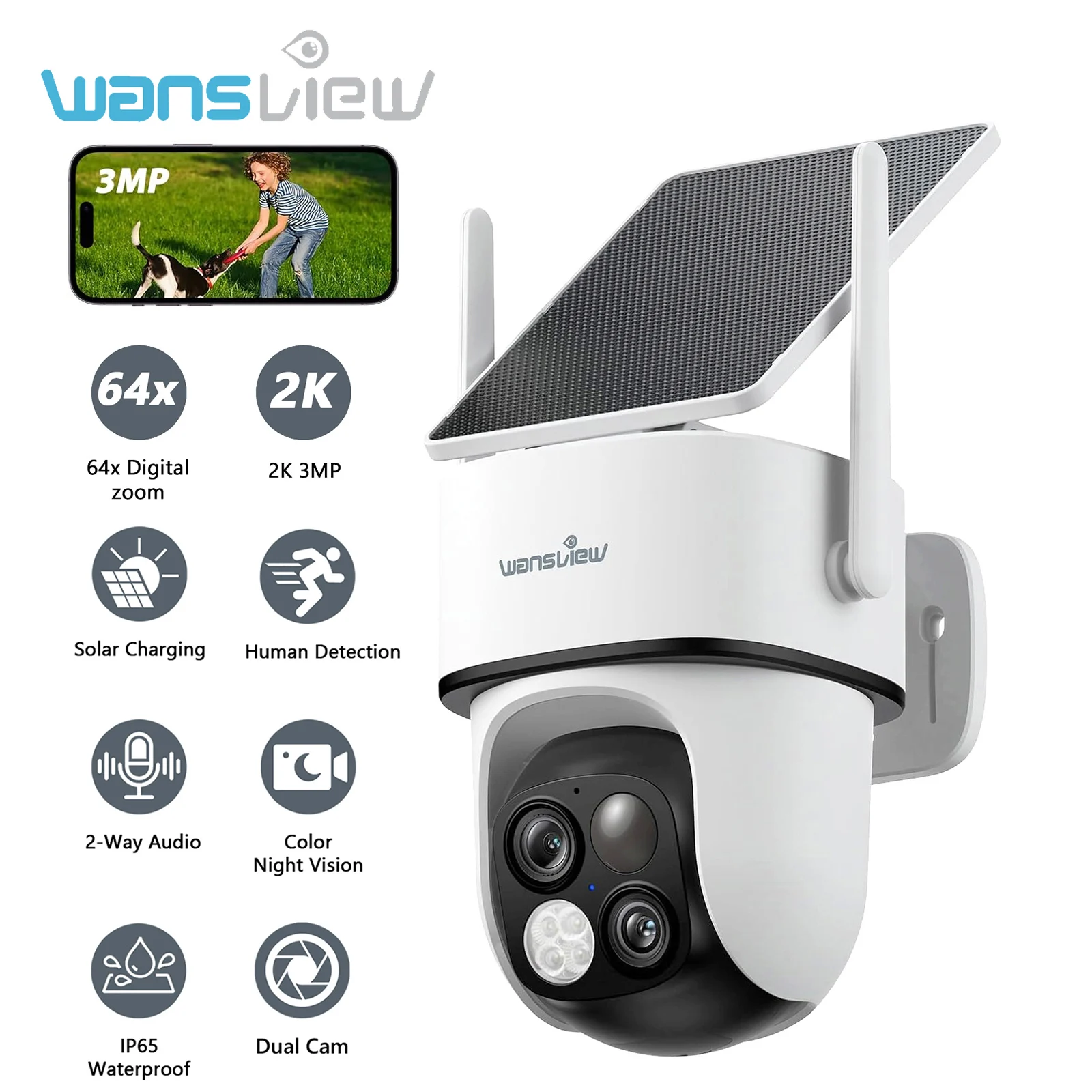 

Wansview Dual Lens Camera Solar PIR Human Detection Night Vision Waterproof Security Video IP Camera 3MP 2K Battery Powered