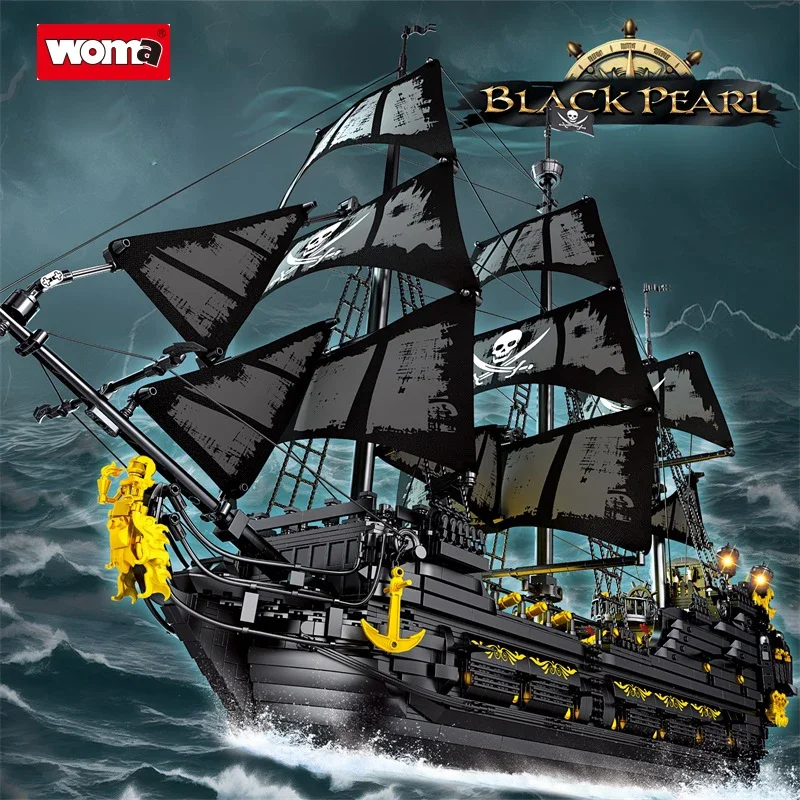 Woma Brand Kids Block Toy Medieval Caribbean pirate ship Black Pearl With Block Toys And Lighting For Assembling Building Blocks