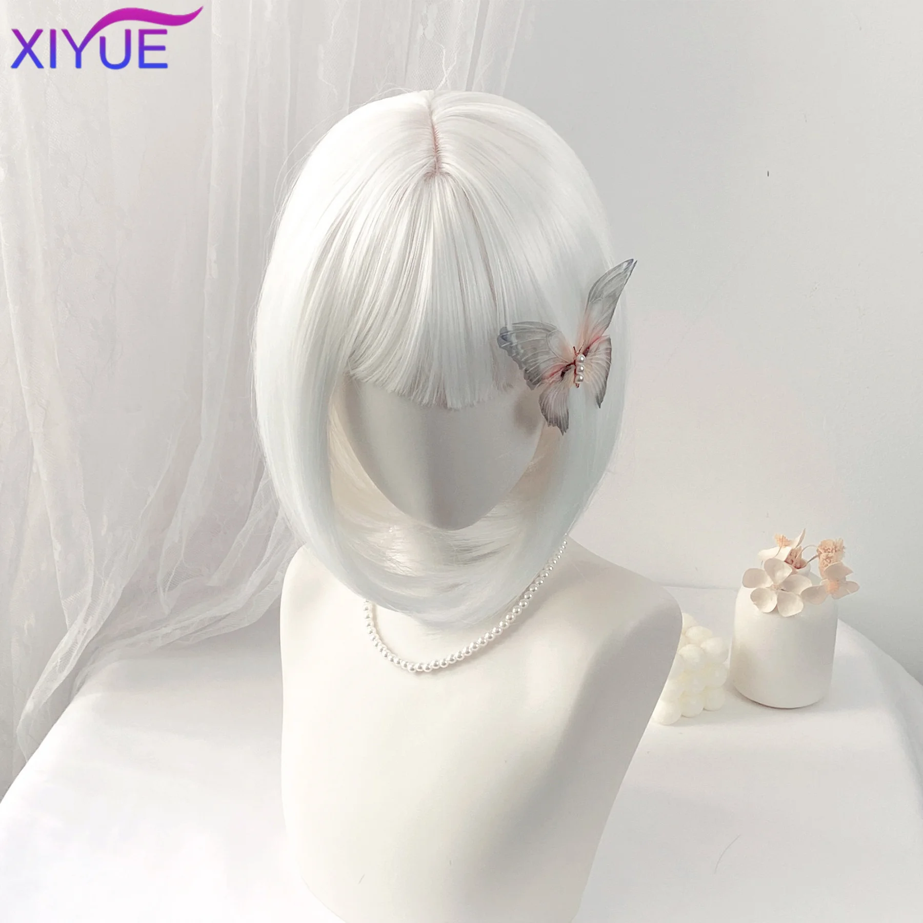 white Bob Synthetic wig Short straight hair with bangs Multi-colored Halloween cosplay daily wear high temperature silk wig