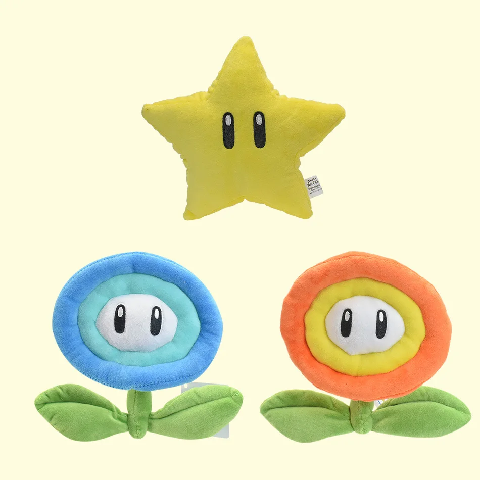 Super mario girassol estrela amarela laranja chama flor azul gelo flor pentagrama simulação boneca de pelúcia