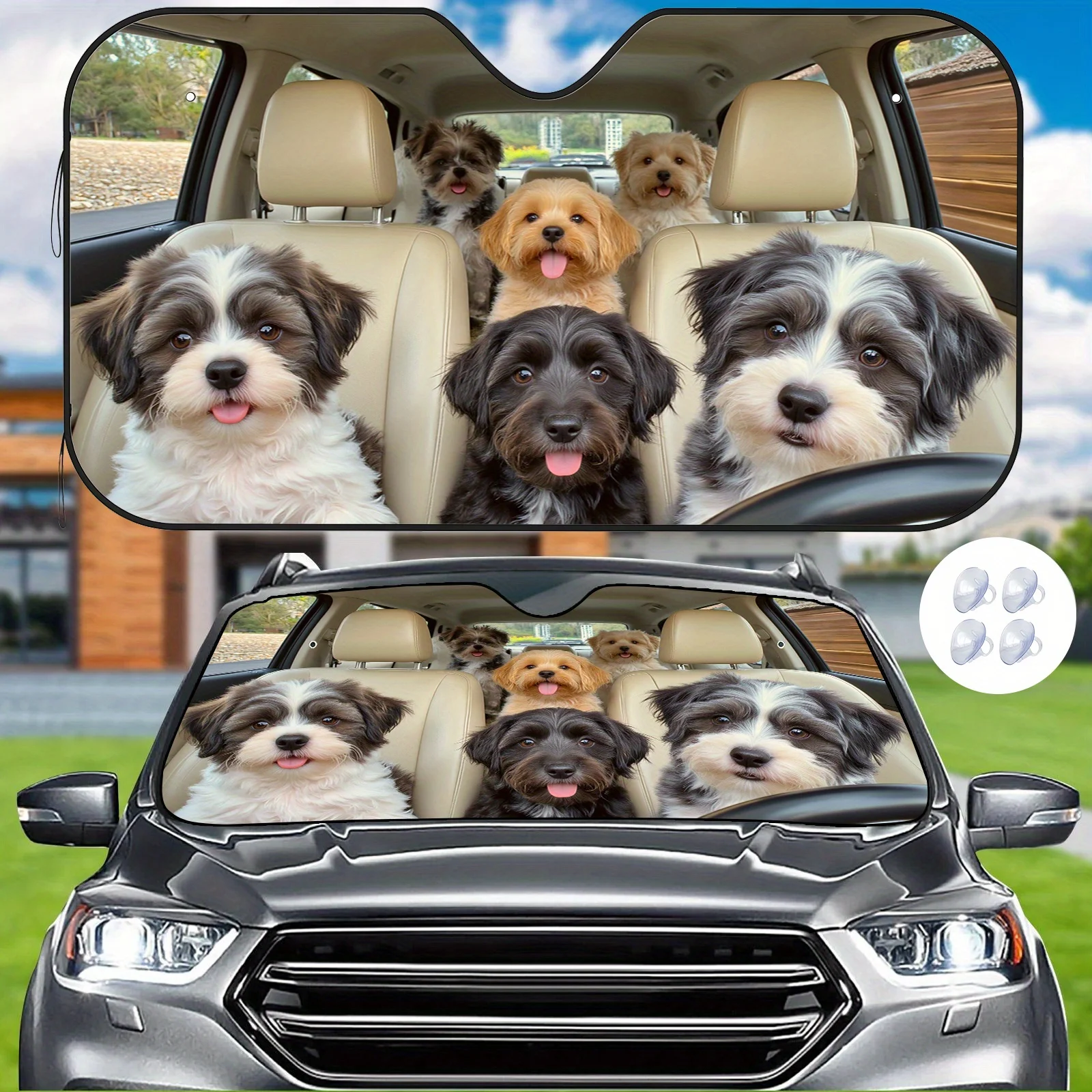 

Pet Dog Gathering Car Sunshade, Front Windshield Shade With 4 Free Suction Cups For Heat Insulation And Scratch Protection, Help