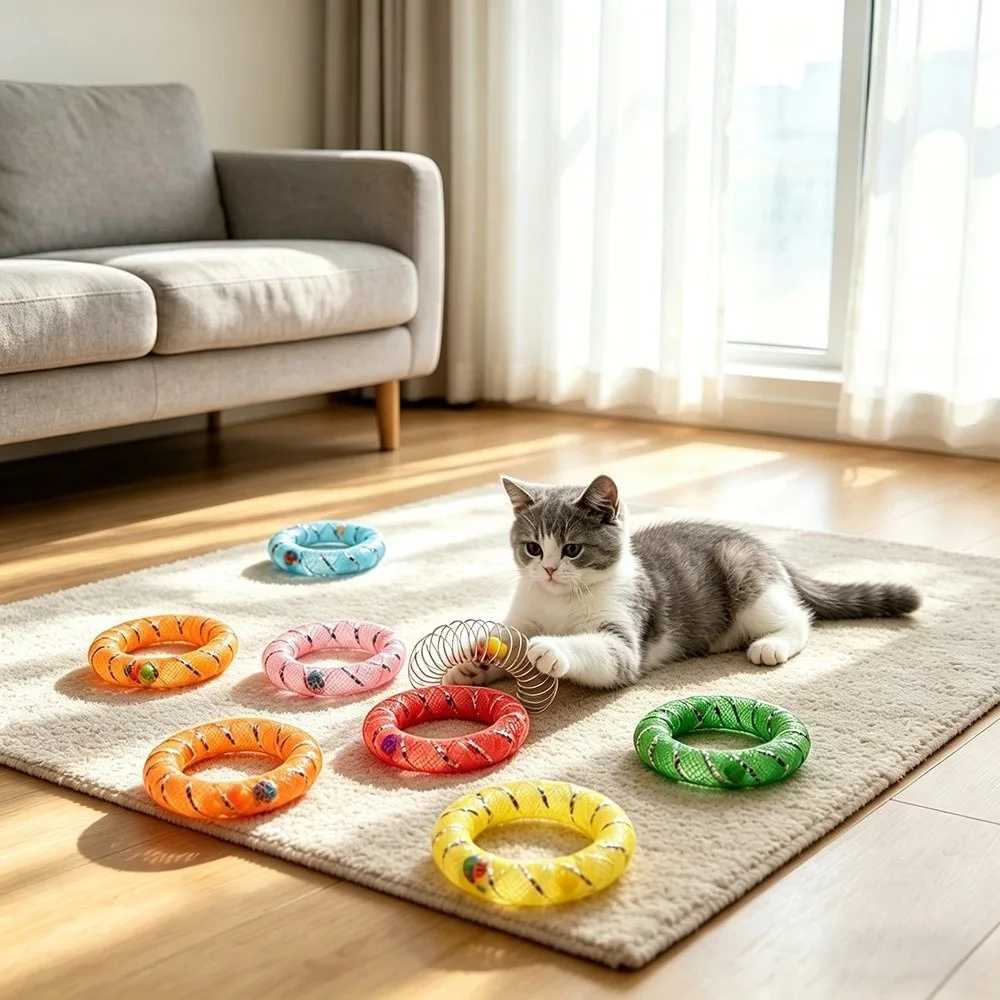 5er-Set Glocken-Kreisglocken für Katzen: Weiche, bissfeste, interaktive Katzenspielzeuge mit bunten Federn und Gitterrohr – Detail 3