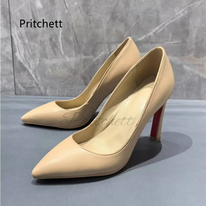 

High Heel Women's Single Shoes Nude Color Genuine Leather Stiletto Shallow Pumps Handmade Elegant High Quality Office Shoes