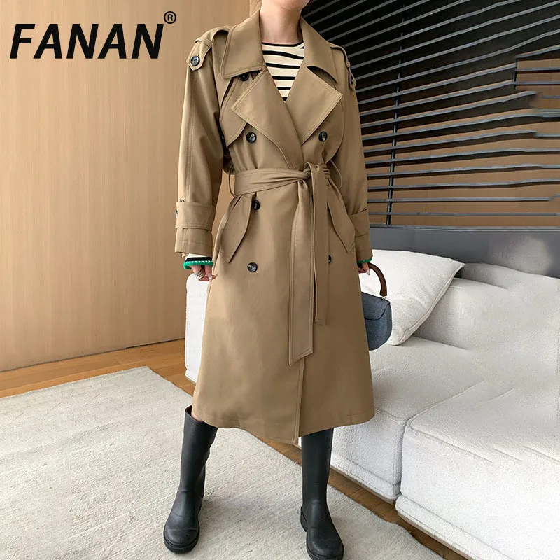 

FANAN Temperament Long Trench Women's Lapel Double Breasted Office Lady Belt Gathered Waist Windbreaker Female Coats 2025 New