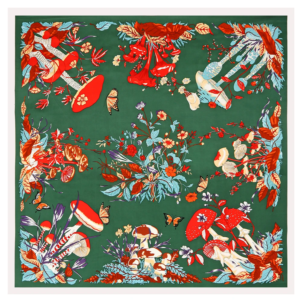 

2023 Silk Square Scarf Mushroom Flower Print Woman Scarves&Wraps Fashion Spanish Foulard Silk Bandana Lady Hijabs 130cm