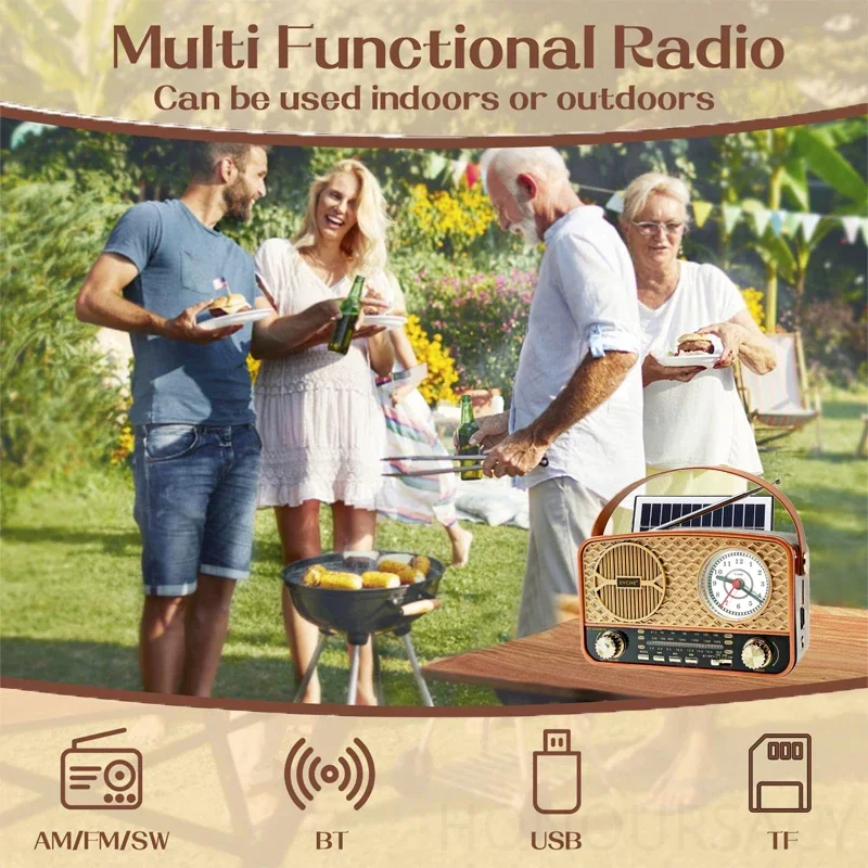 Altavoz de cabina de Radio de emergencia Solar, Radio clásica portátil Vintage, reloj con puntero Retro, Radio FM AM SW para reproductor de música USB TF