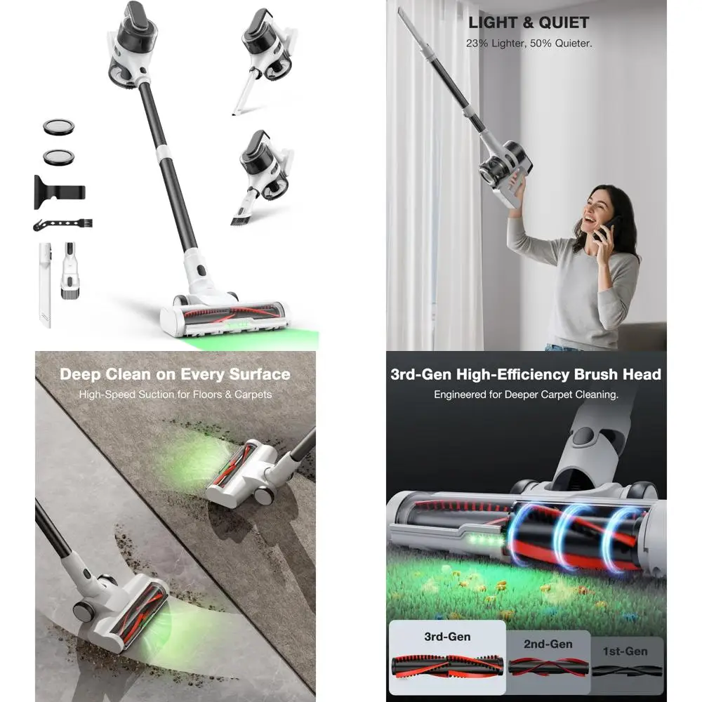 Lightweight Cordless Vacuum Cleaner - Rechargeable, 55-Minute Runtime, Powerful Suction, Green LED Light for Home