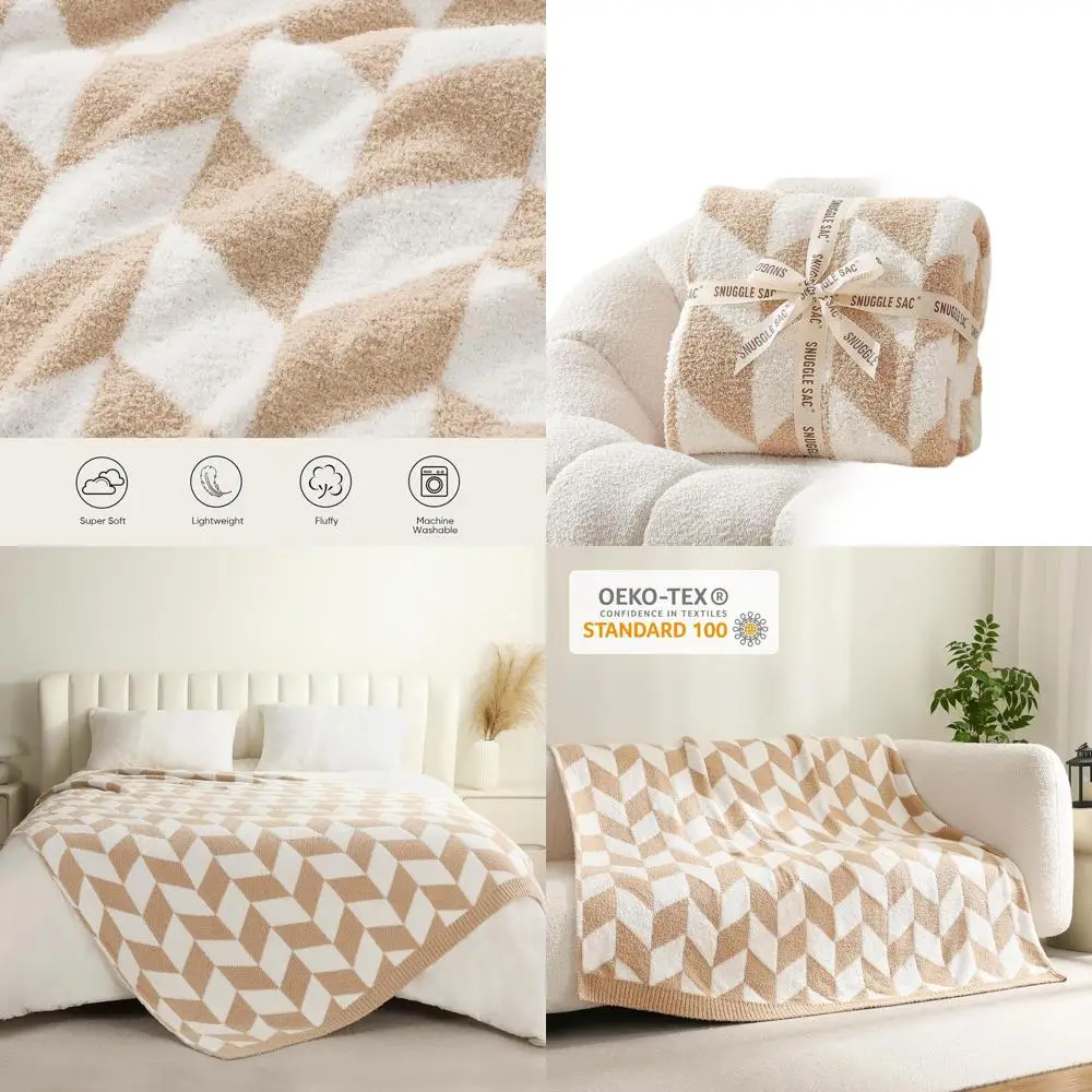 

Super Soft Twin Size Beige Blanket, Oversized Cozy Knit for Living Room, Chevron Pattern, 60x80 inches