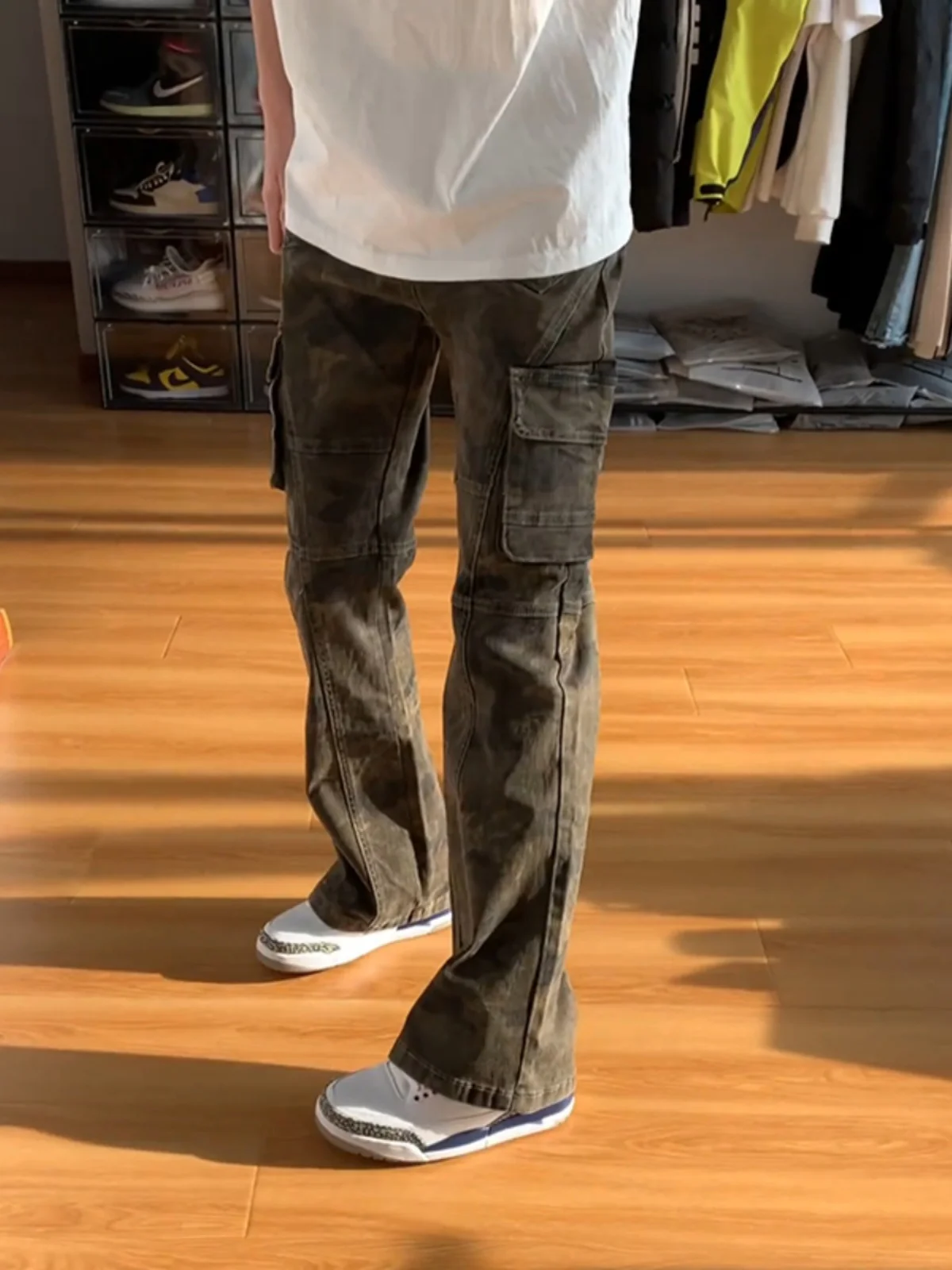 

Cleanfit Camouflage Workwear Jeans Men's Logging Straight Leg Micro Flared Pants American High Street Sle Slim Fit Trousers