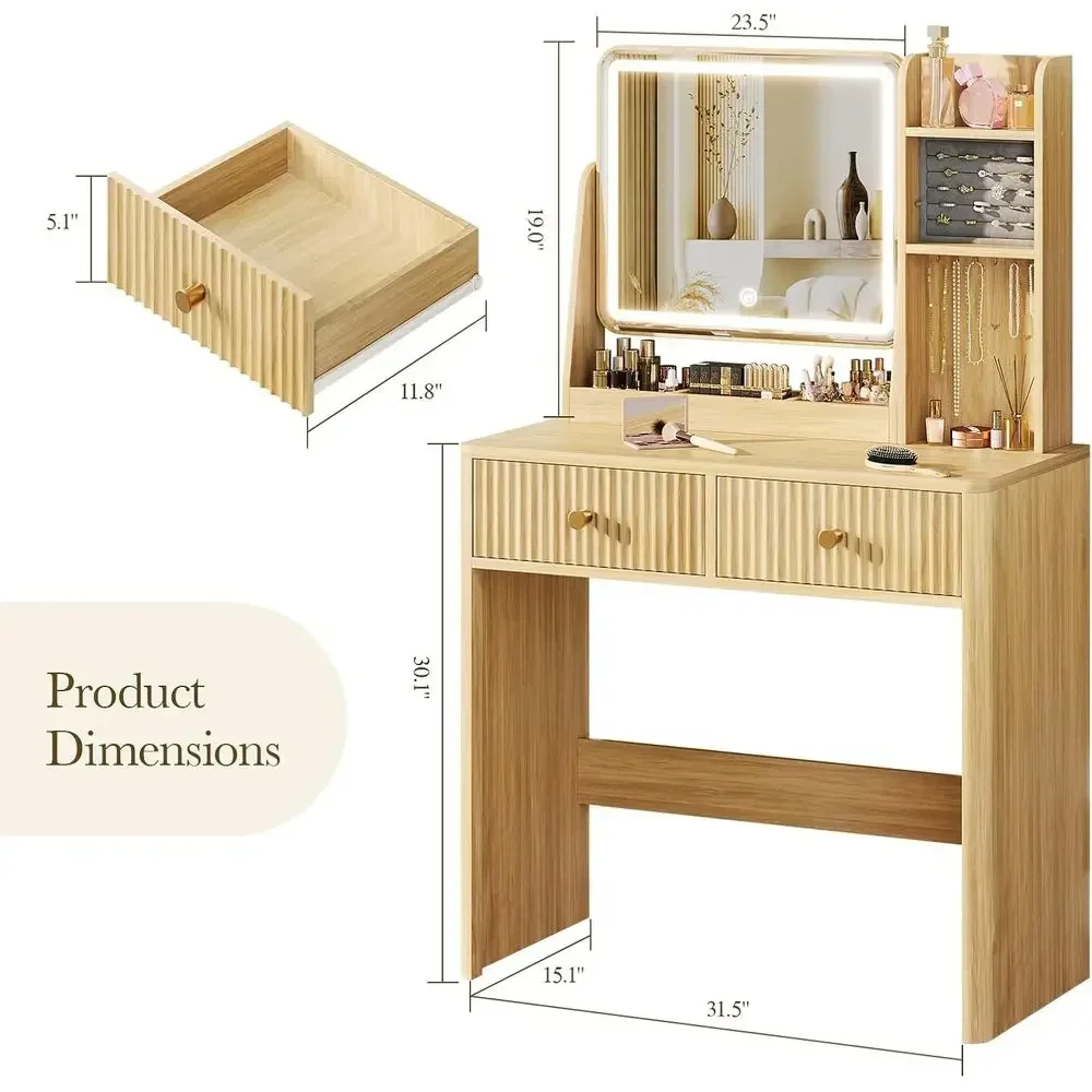 Compact Natural Oak Makeup Vanity Desk with Mirror, Lights, and Storage Cabinet