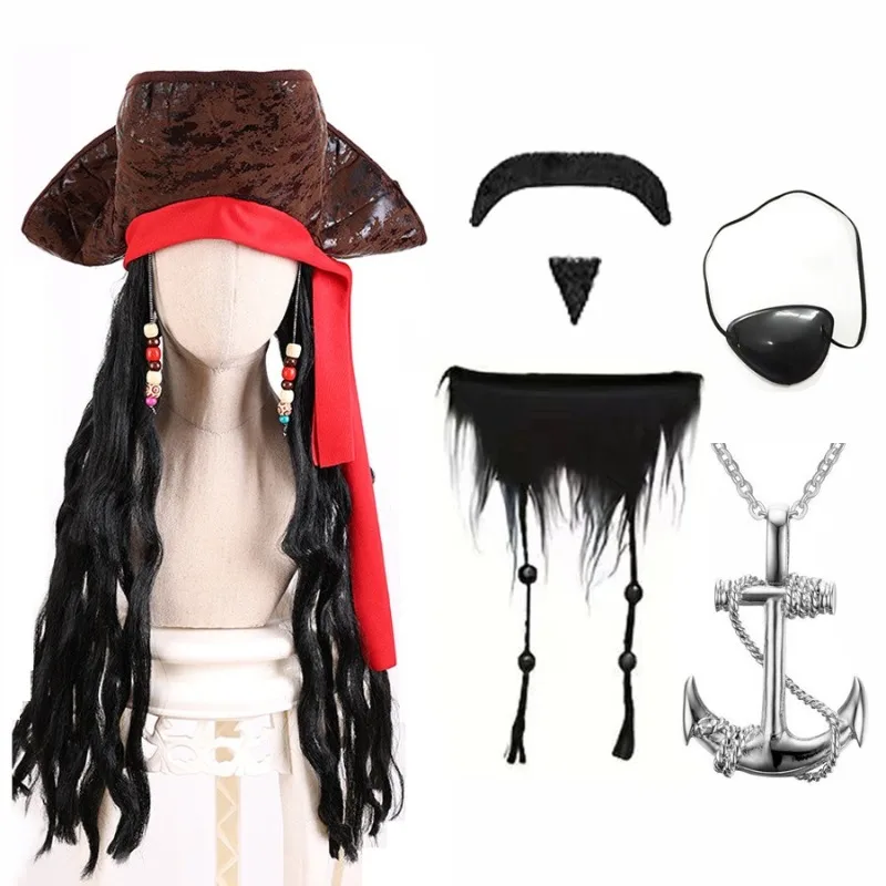 Captain Jack Cosplay Wig Hat Set Caribbean Pirate Hat Wig Stage Performance Prop Halloween Costume Party Prop