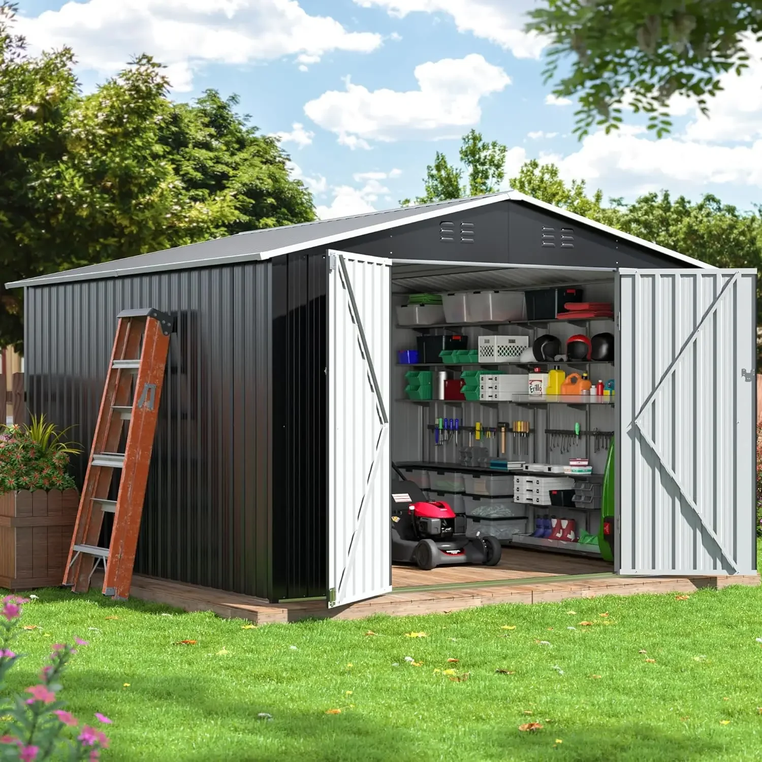 10x9 FT Outdoor Storage Shed, Large Garden Shed with Updated Frame Structure and Lockable Doors, Tool Sheds for Backyard Garden