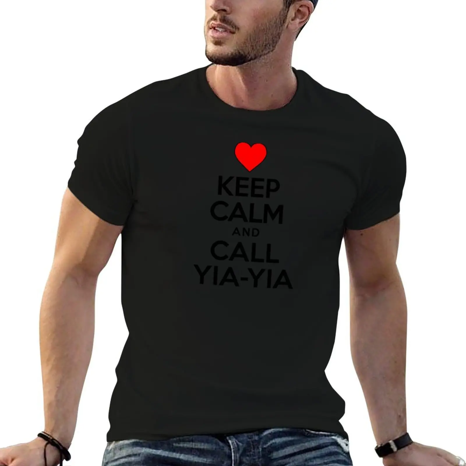 Camiseta Keep Calm Call Yia-Yia con bonito diseño de corazón, camisetas para hombre, camiseta informal para hombre