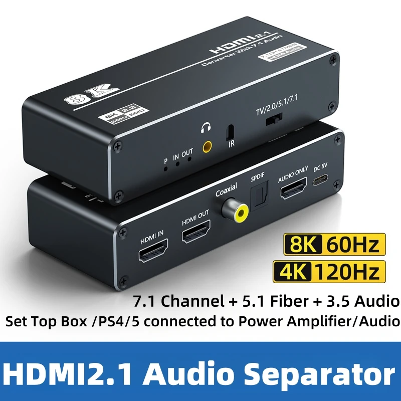 HD HDMI Audio Separator 4K to 3.5mm Headphone Jack Fiber 5.1 Channel 7.1 Output Converter PS5/Xbox Connected to Power Amplifier