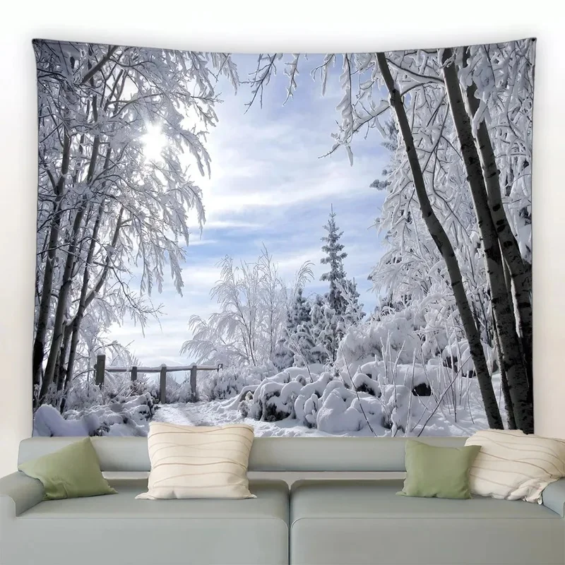 VIKAMA Winter Nature Tapestry Snowy Forest Birch Trees Bright Sun Landscape Wall Hanging Cloth for Bedroom Aesthetic Wall Decor