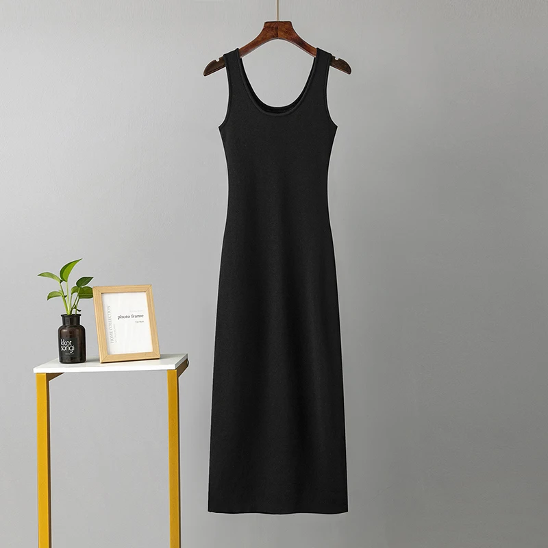 Spring summer 2023 Women Knit Tank long Dress Korean Style Knitting U Neck Sleeveless Vest Thin Loose Women Casual Dresses