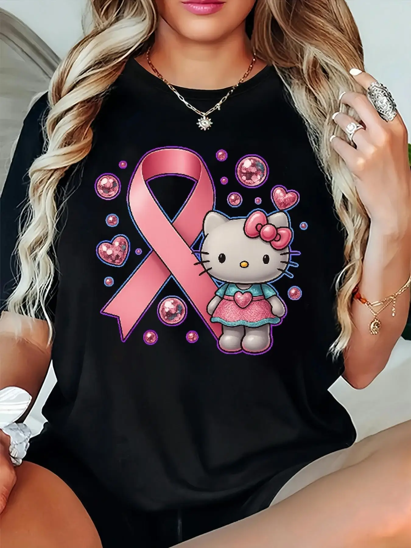 

Plus Size - Sanrio for Hello Kitty Pink Silk T-shirt - Women's Casual Round Neck Short Sleeve T-shirt, Heart and Butterfly