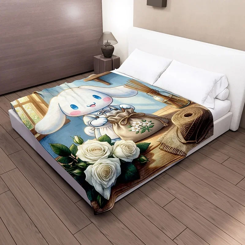 Cinnamoroll Flannel Blanket Cartoon Rustic Floral Desk Scene Print, Ultra Soft Throw Blanket For Bed Couch Home Camping