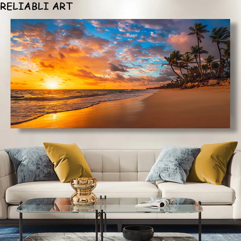 

Modern Large Size Landscape Poster Wall Art Canvas Painting Sunset Beach Picture For Living Room Bedroom Home Decor No Frame