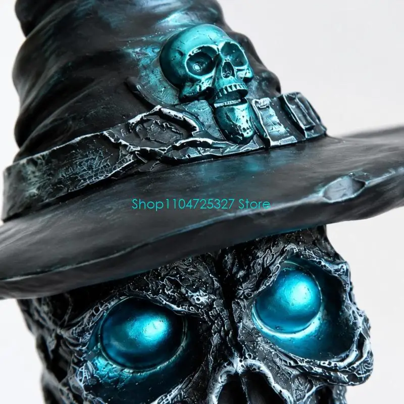 D8KF Skull Halloween Figure with Blue-Gray Coloring and Small Book Forms along the Hat for Parties, Themed Gatherings, and Photo