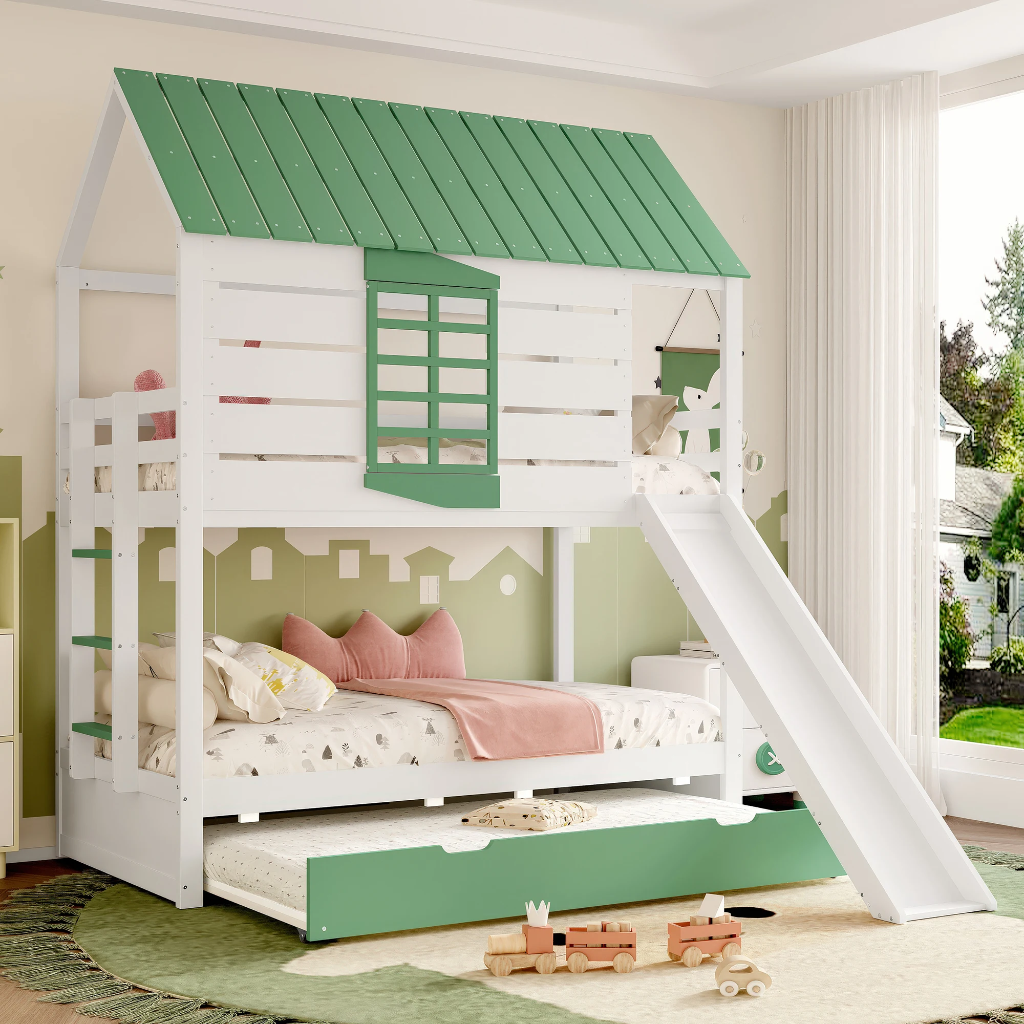 Lit superposé en forme de maison 90x200 avec toboggan et lit escamotable, blanc+vert Combo Item