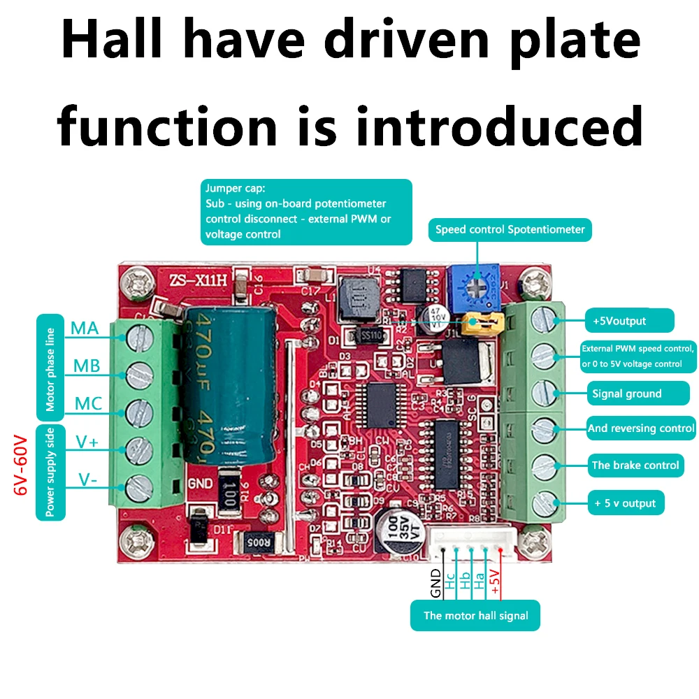 DC 6-60V 400W BLDC Three Phase DC Brushless Motor Controller PWM Hall Motor Control Driver Board 12V 24V 48V