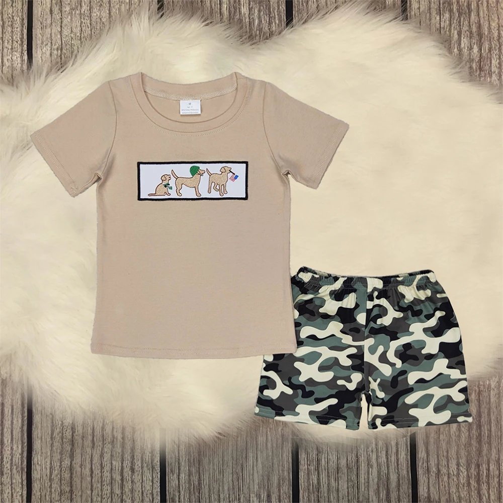 

Boutique Baby Boy Summer Clothes Fashion Children Set Kids Embroidery Dogs Short Sleeves Tops Camo Shorts Clothing Casual Outfit