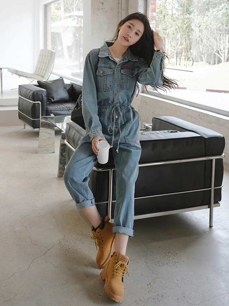 

Женские джинсовые комбинезоны с высокой талией, прямые брюки, весна-осень, новинка, повседневная рабочая одежда, укороченные брюки 7/8