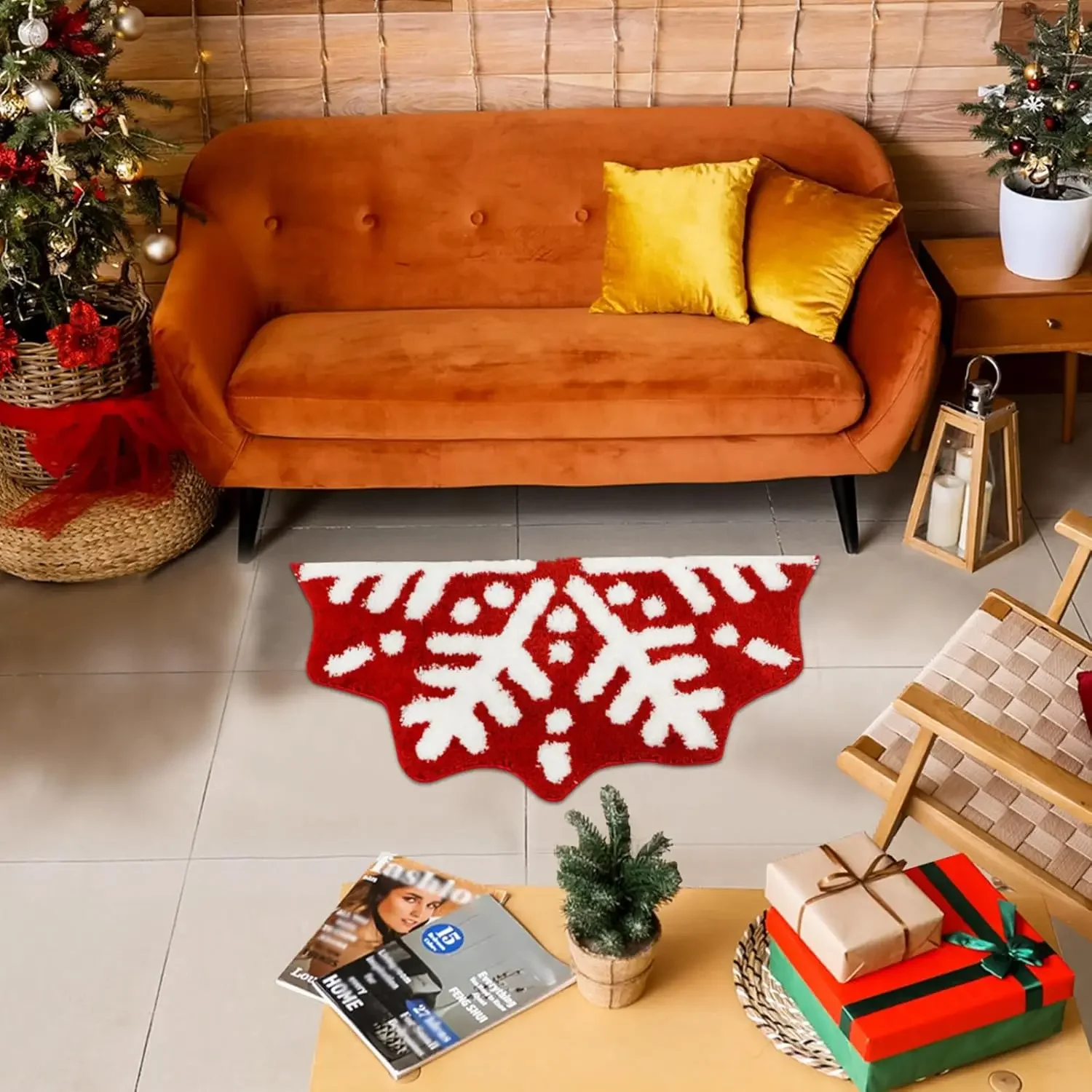 VIKAMA الأحمر الشتاء ندفة الثلج الحمام السجاد شبه دائرية ندفة الثلج حمام البساط عدم الانزلاق الشتاء ممسحة ترحيب حصيرة للديكور المنزل