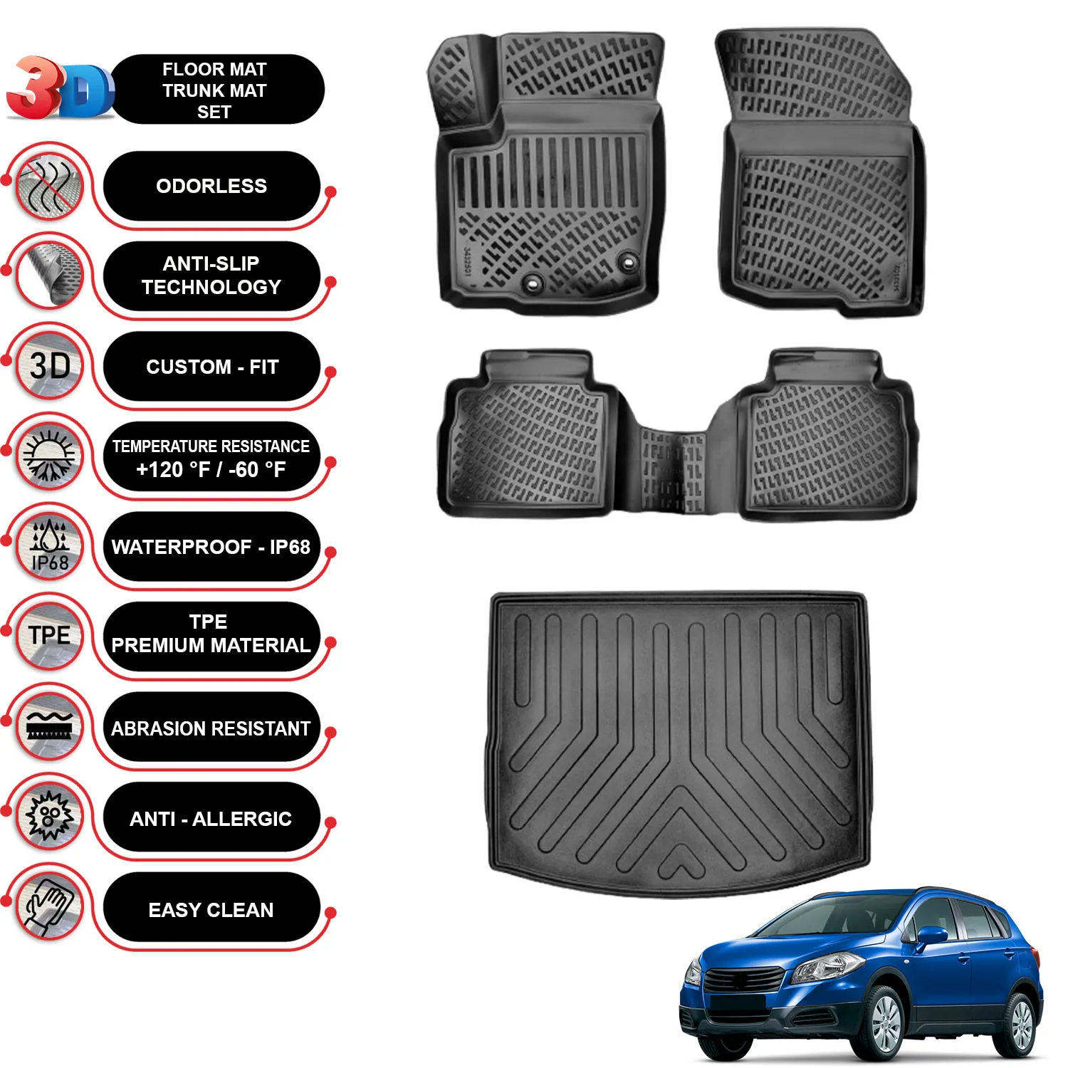 Suzuki SX4 S-Cross (2013-2022) - Floor Mats + Cargo Trunk Liner - SET - (Black)