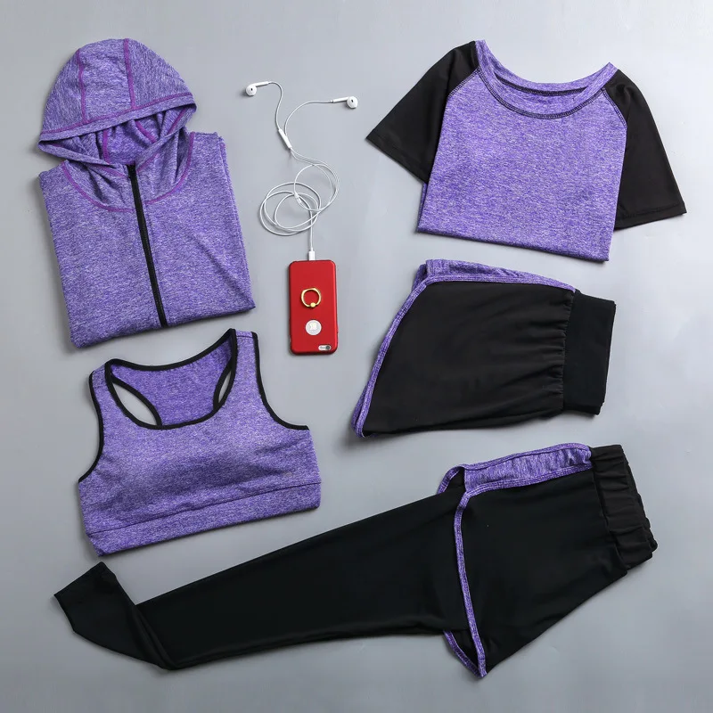 Quick dry women yoga clothing hooded coats+t shirt+bra+shorts+pants sets women autumn outdoor running sportswear gym Suits image 6