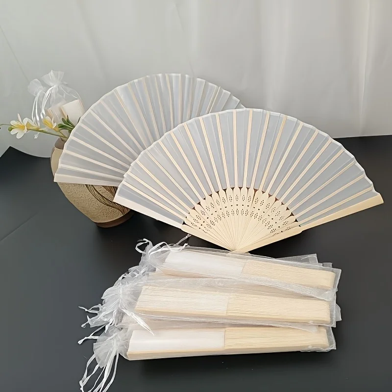 1Pc Elegant White Handheld Folding Fan With Matching Storage Pouch Bamboo Handicraft Ideal Wedding Favor Party Decor Home Orname