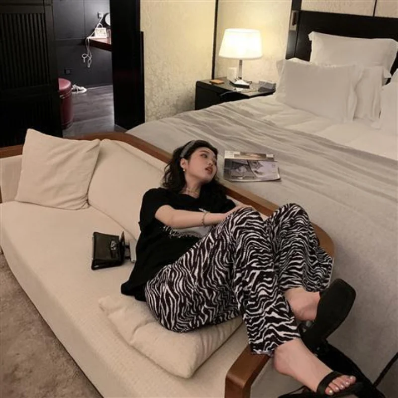 여성용 얼룩말 프린트 바지, 하이 웨이스트 드레이프, 스트레이트 걸레 바지, 느슨한 프레스 플리츠, 와이드 레그 팬츠, 패셔너블한 신상