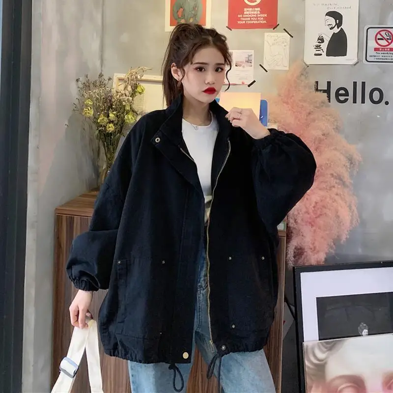 Spring Autumn Korean Version 2025 Loose Mid-length Drawstring Zipper Style Internet Celebrity Long-sleeved Jacket for Women