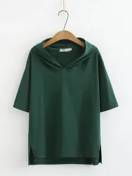 Camiseta fina con capucha para mujer, ropa de verano de talla grande, sudaderas con capucha de manga corta, tops con hombros caídos, moda informal, camisetas sueltas