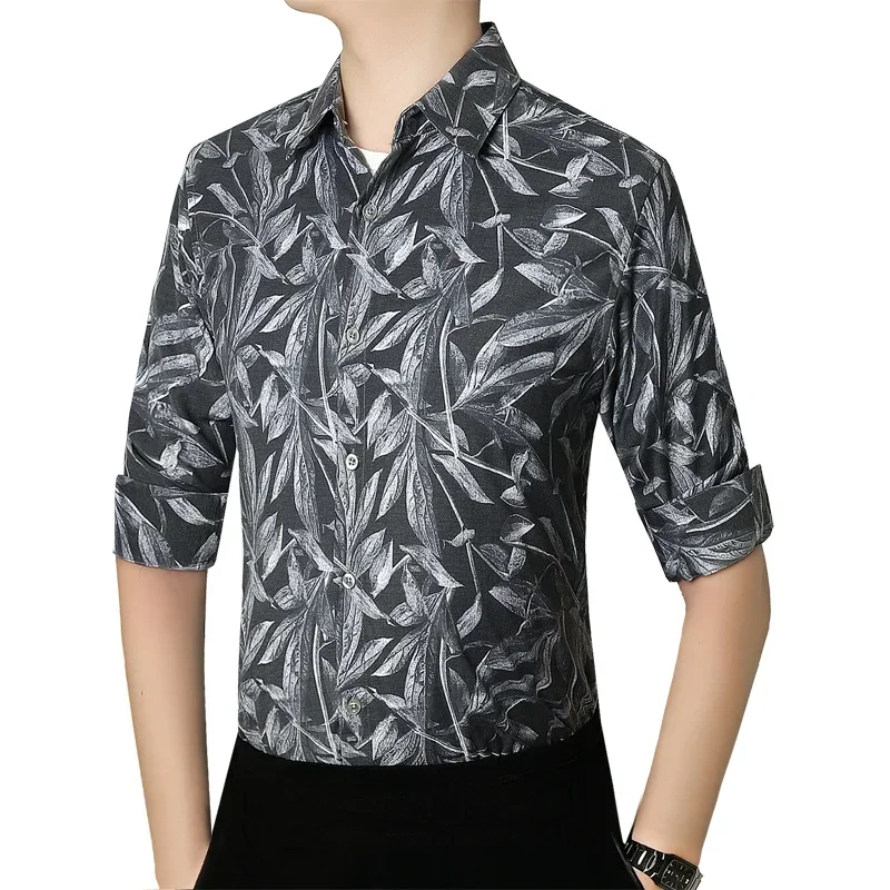New men's micro-stretch long-sleeved shirt, single-breasted lapel printed long-sleeved shirt, Asian size multicolor optional