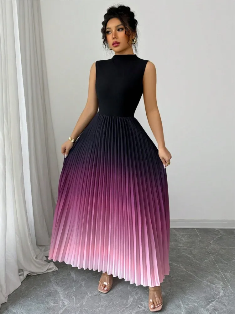 

Fashion Dress Vestidos Dresses 2025 Woman Contrast Gradient Sleeveless Slim All-match Simple Style Pleated Temperament Elegant