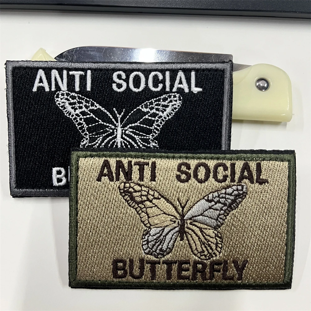 ANTI SOCIAL BUTTERFLY Morale Badge Butterfly Embroidery Hook and Loop Patches Tactical Armband Backpack Sticker