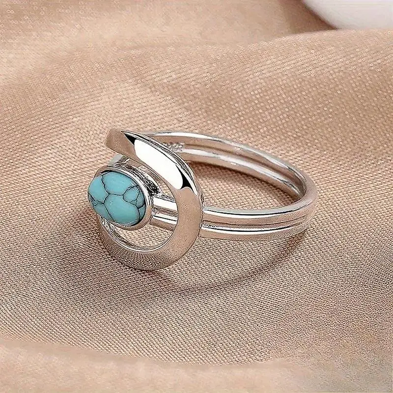 Huitan Created Turquoise Women Ring Geometric Design Silver Color Simple Party Daily Versatile Accessories Fashion Lady Jewelry